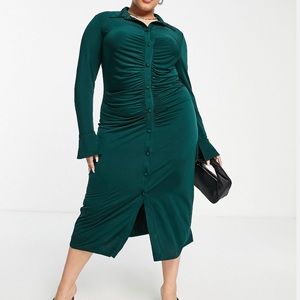 ASOS DESIGN CURVE | slinky fitted midi shirt dress with ruching | PLUS SIZE